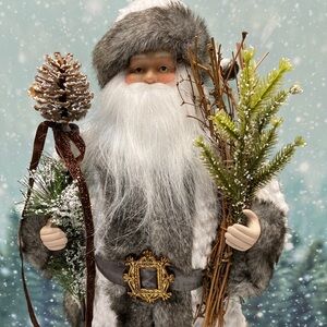 Santa Figurine 18” Holiday Home Rustic Woodland Santa Faux Fur Coat Twig